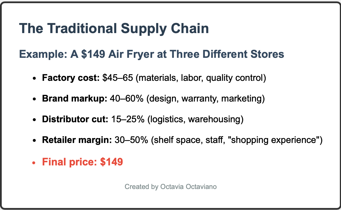 Alt text: "Infographic showing the traditional supply chain markup breakdown for a $149 air fryer. Starting with factory cost of $45-65 for materials, labor, and quality control, then brand markup of 40-60% for design, warranty, and marketing, distributor cut of 15-25% for logistics and warehousing, and retailer margin of 30-50% for shelf space, staff, and shopping experience, resulting in a final price of $149. Created by Octavia Octaviano.